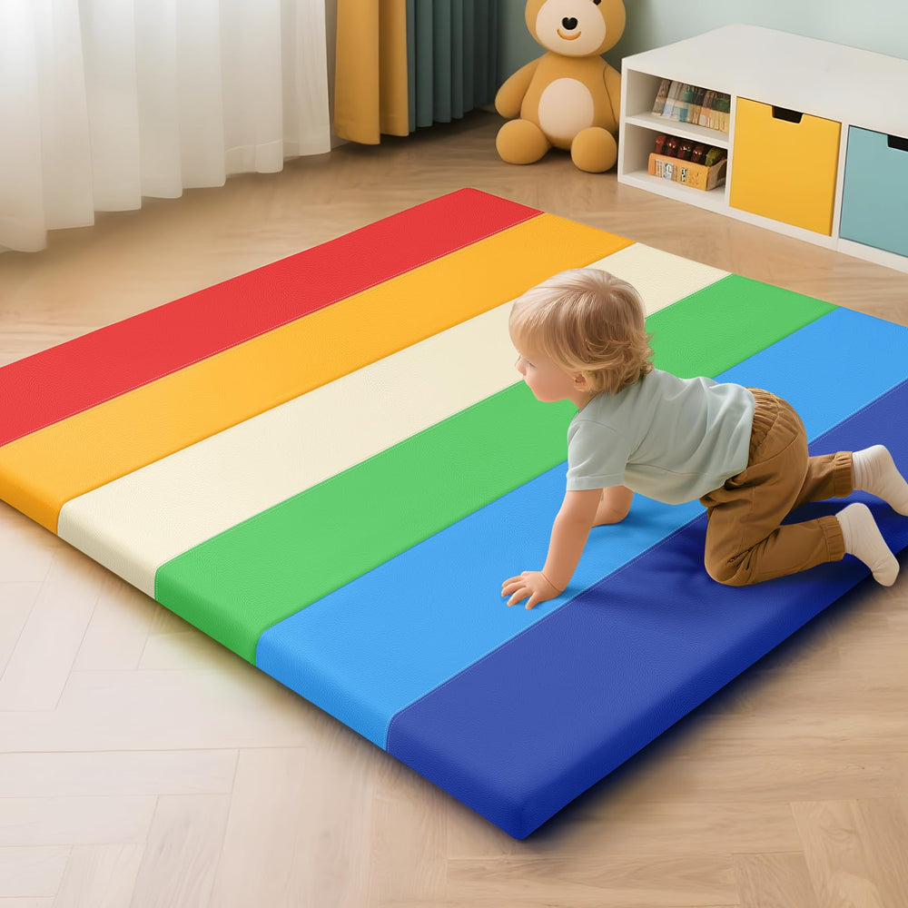 TODIBY foam baby play mat rainbow surface provides a cushioned, easy-clean play area.