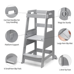 TOETOL bamboo toddler step stool height-adjustment view demonstrates 3 levels for growing kids.