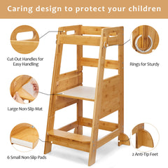 TOETOL Bamboo Toddler Step Stool with safety rail keeps children secure at counter