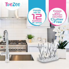 ToeZee rack holds bottles and parts, keeping baby gear neatly organized
