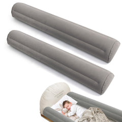 Toggloo inflatable travel bed rail side view protecting toddlers during hotel sleep.