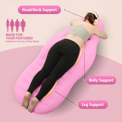 Toggloo pregnancy pillow in use on bed, ideal for bedside reading and relaxation.