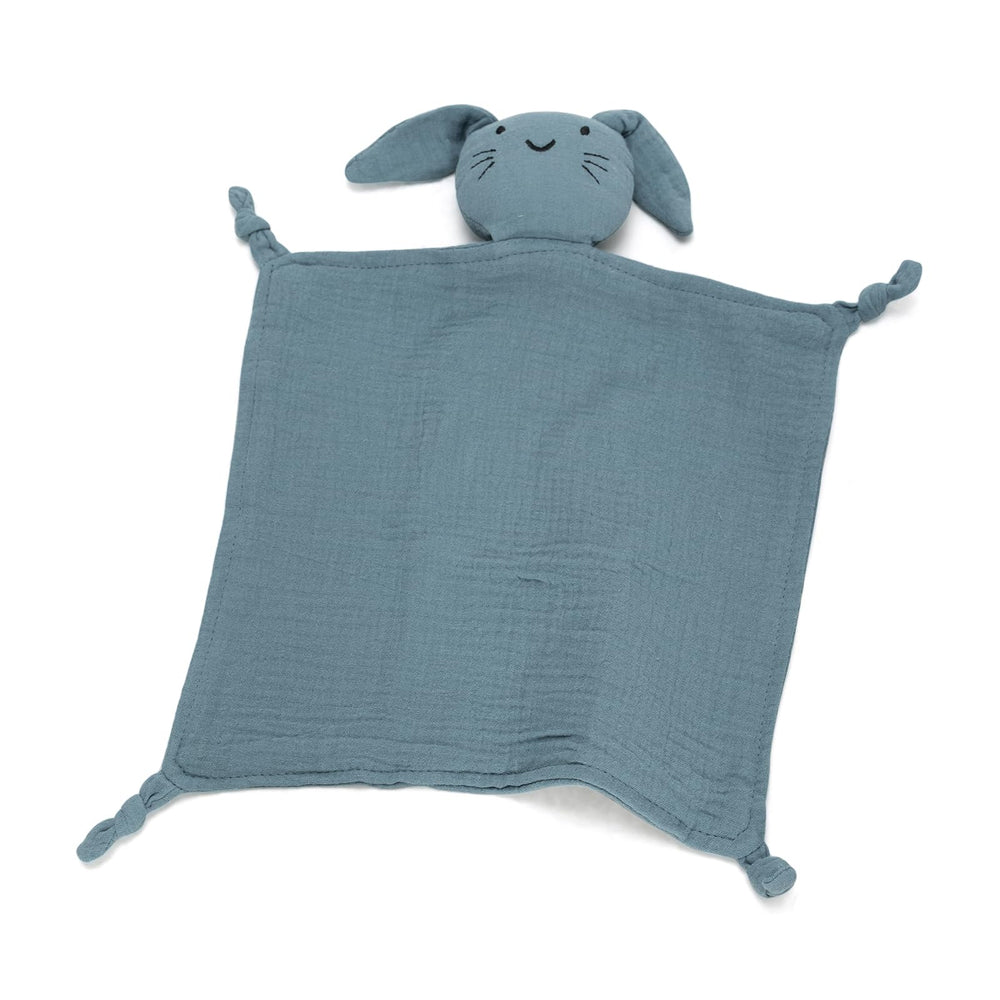 TOHARA lovey blue bear closeup highlights organic cotton texture for gentle baby comfort.