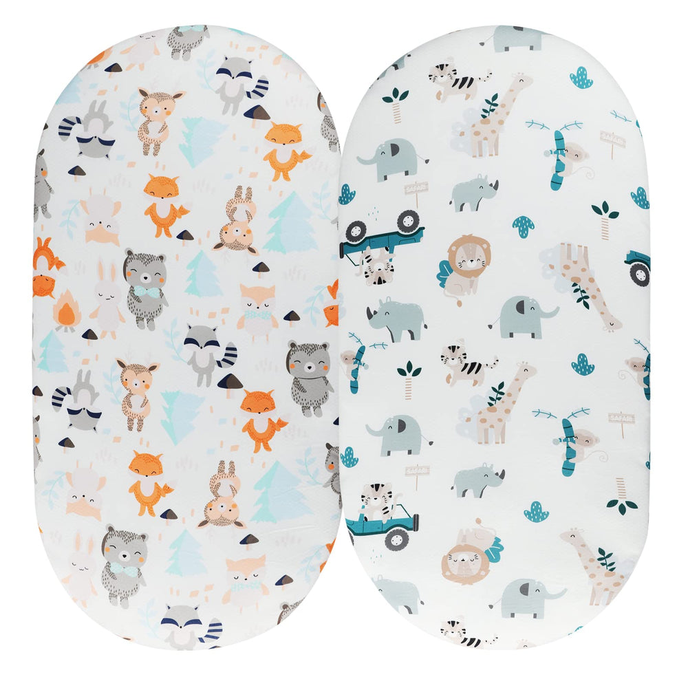 Tontukatu Bassinet Sheet Set 2Pack with squirrels and fox pattern; cozy, gender-neutral nursery decor