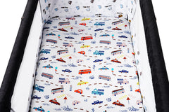 Tontukatu bassinet sheet 3-pack color palette red green blue conveys cheerful nursery vibes.