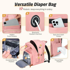 Tonyeee diaper bag backpack solid pink changing pad inside enables on-the-spot diaper changes.