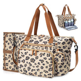 Tonyeee diaper bag tote leopard-print exterior with travel-ready style for busy parents.