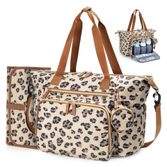 Tonyeee diaper bag tote leopard-print exterior with travel-ready style for busy parents.