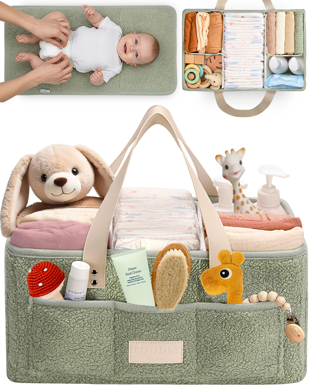 Toodly diaper caddy organizer with foldable-changing-pad for portable changes
