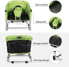 Toogel booster seat height-adjustment mechanism highlighted for level dining at table.