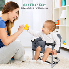 Toogel booster seat height adjustment aligns with adult table height.