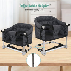 Toogel booster seat with safety harness for secure seated feeding.