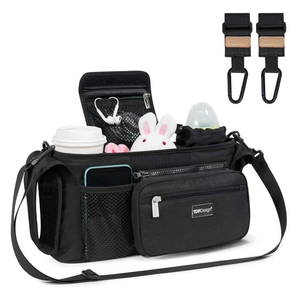 TOPDesign stroller organizer front view showing organized pockets for on-the-go essentials