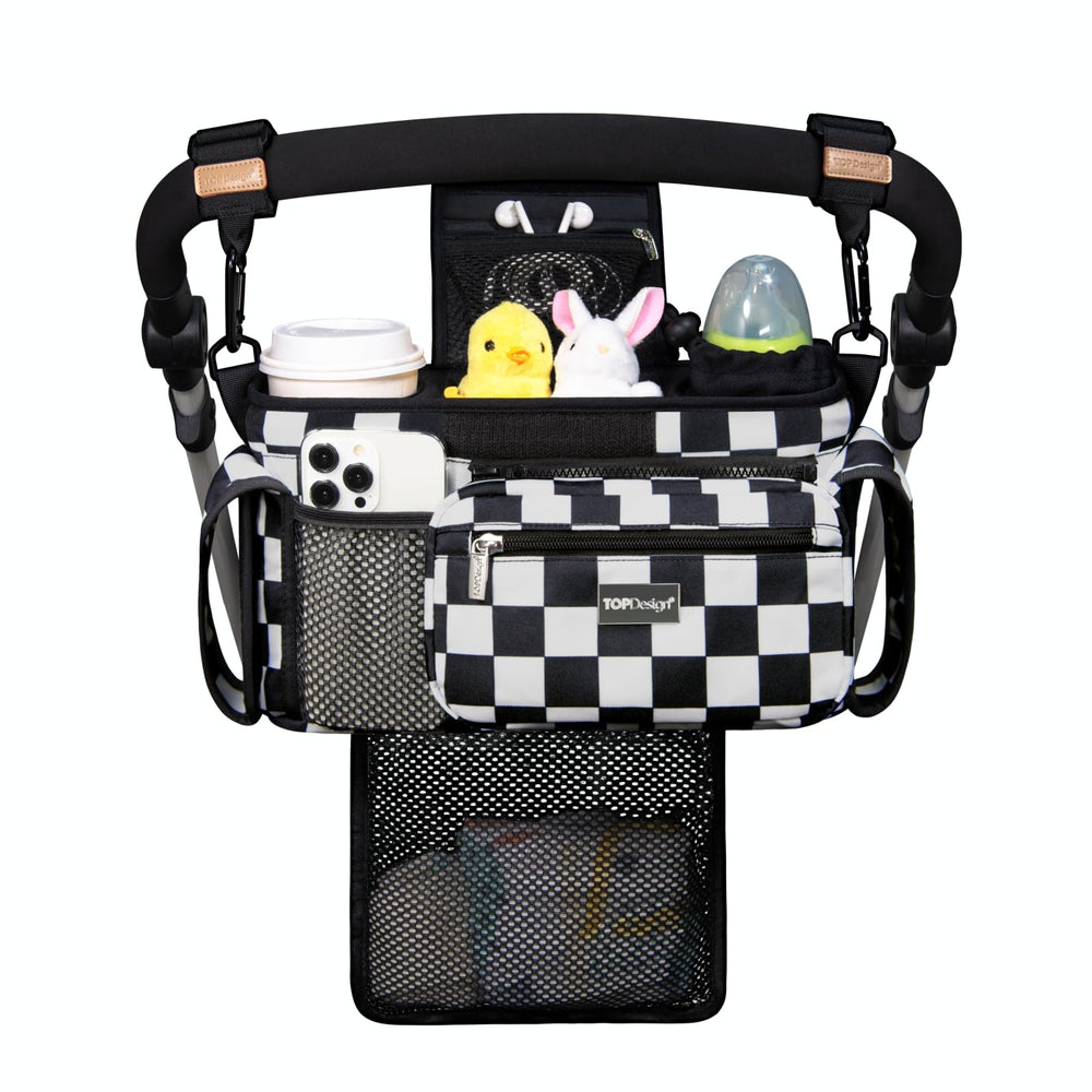 TOPDesign universal stroller organizer on checkerboard stroller front view keeps essentials within reach