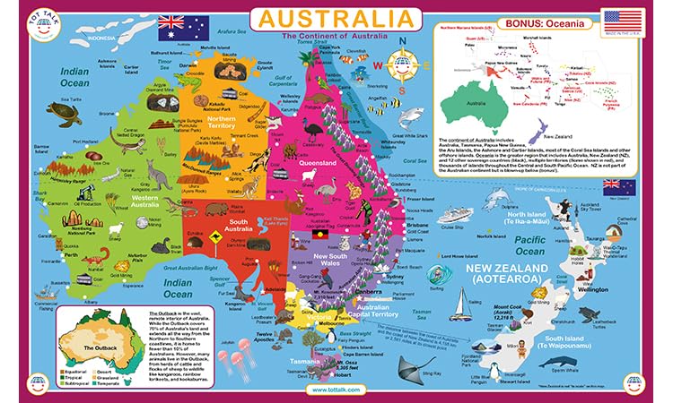 Tot Talk Australia placemat front view showing states and capitals for geography learning during mealtime.