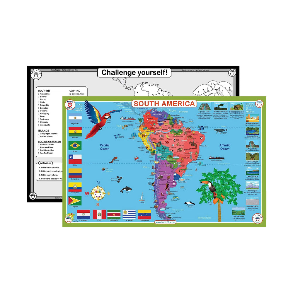 Tot Talk South America map front highlights countries and capitals for kid-friendly geography learning.