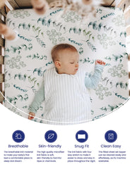 TotAha Botanical crib sheet top view highlights neutral Boho style and fit