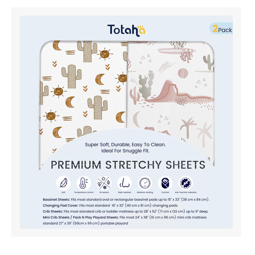 TotAha Cactus Crib Sheets 2-Pack close-up of TotCare fabric showing silky softness for baby sleep.
