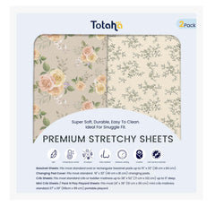TotAha crib sheets 2-pack packaging shows Vintage Rose and Brunch colors for cozy nursery nights.