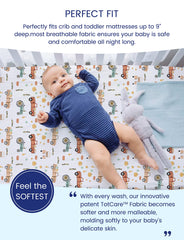 TotAha crib sheets stretched to snug fit with durable elastic edges