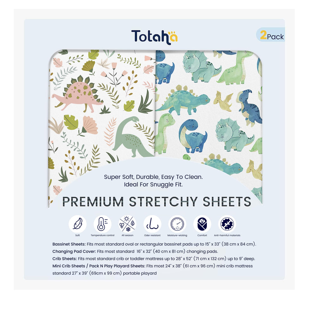 TotAha Dinosaur crib sheets front view highlight soft TotCare fabric for gentle, breathable baby sleep