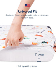 TotAha 9" deep pockets demonstrating secure, snug fit on crib mattress