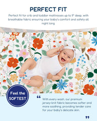 TotAha floral crib sheets close-up showing silky jersey-knit texture and softness