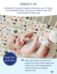 TotAha Forest Animals crib sheets fitted on a crib mattress demonstrating secure fit.