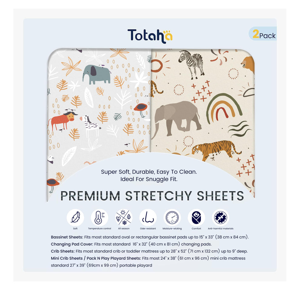 TotAha Jungle Animal Crib Sheets fabric detail shows breathable TotCare for gentle sleep