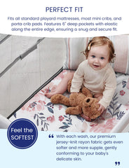 TotAha pack-n-play mattress sheets with floral Meredith allover provide a snug fit and easy care.