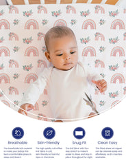 TotAha Pink Rainbow crib sheets feature a snug 9-inch deep pocket fit on mattress