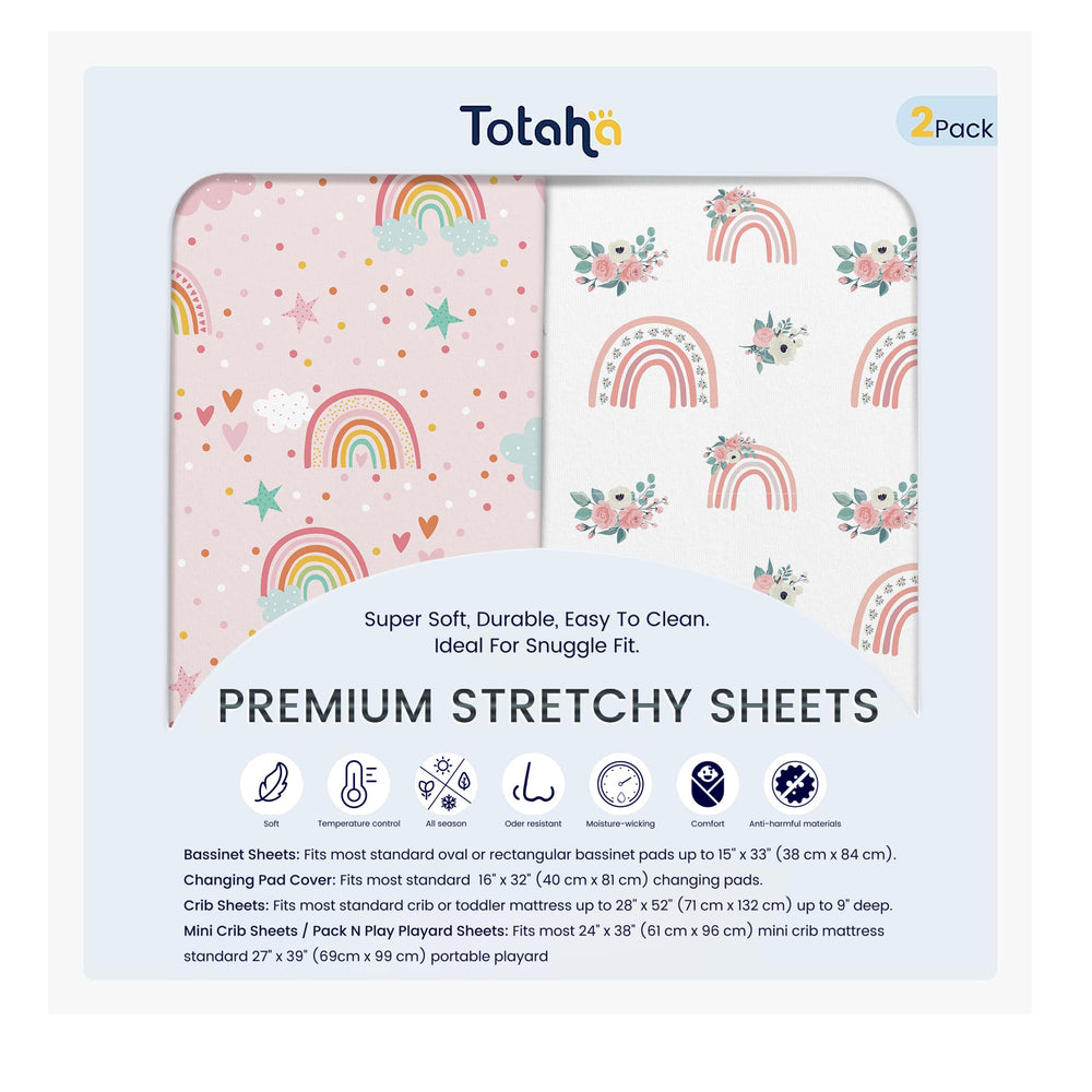 TotAha Pink Rainbow crib sheets close-up showing buttery-soft jersey-knit finish for peaceful baby naps