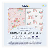 TotAha Pink Rainbow crib sheets close-up showing buttery-soft jersey-knit finish for peaceful baby naps