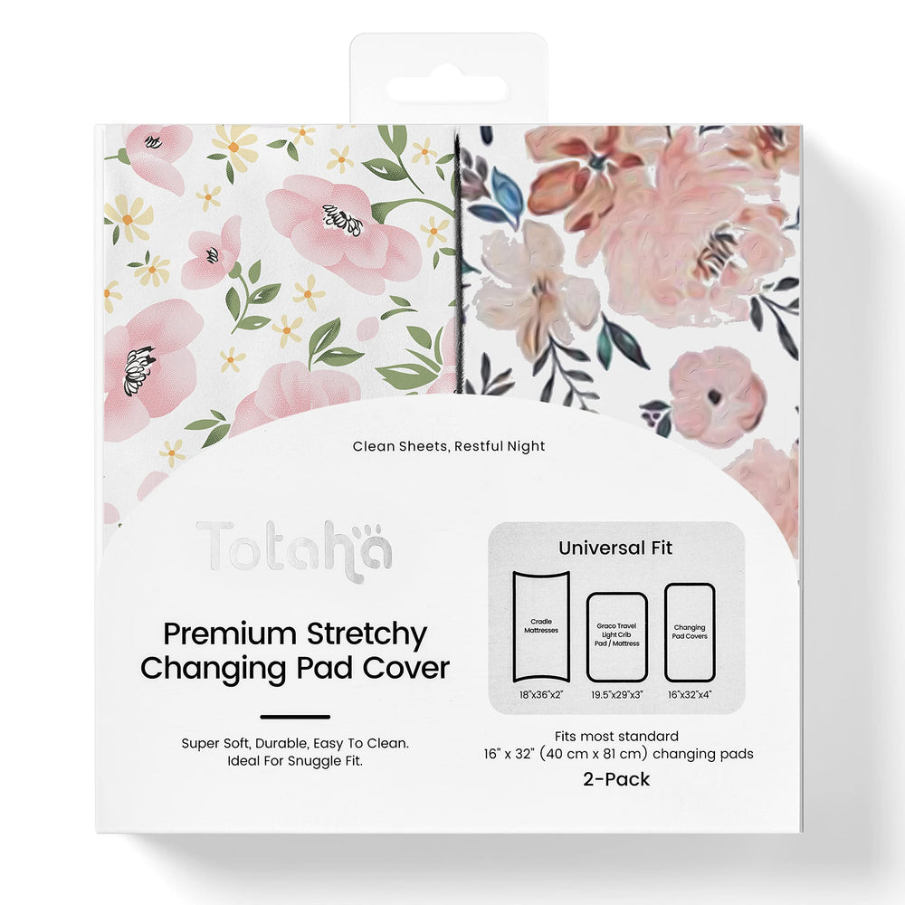 TotAha premium stretchy changing pad cover in Meredith allover floral provides silky comfort for baby's routine.