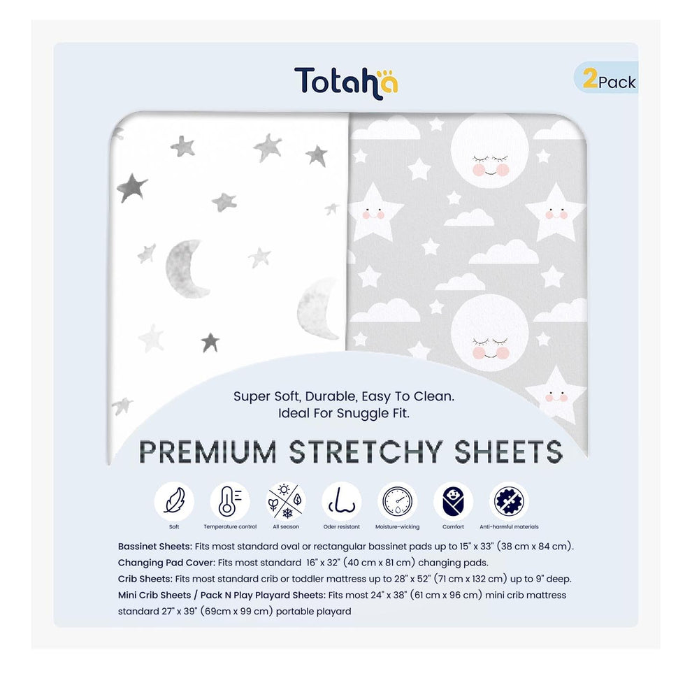 TotAha Premium Stretchy Crib Sheets Moon close-up shows silky TotCare fabric for gentle sleep
