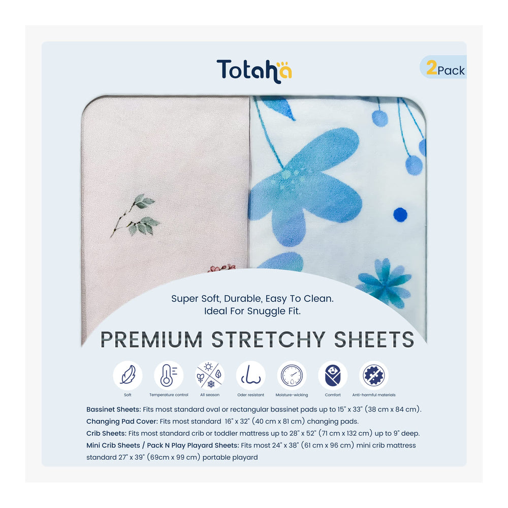 TotAha premium stretch sheets blue flower close-up shows TotCare softness for baby sleep
