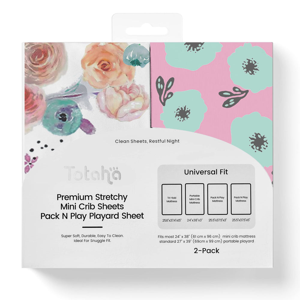TotAha Premium Stretchy Pack N Play Sheets Colorful Flora offer breathable, all-season comfort.