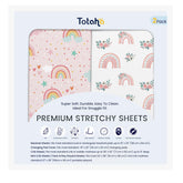 TotAha Rainbow Pack-n-Play sheets on mattress offer cozy, secure sleep setup.
