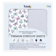 TotAha Soft Crib Sheets with Purple Butterfly top view showing silky comfort for peaceful nights.