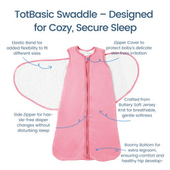 TOTBASIC baby swaddle sweet pink 3-way adjustable fits growing infants.