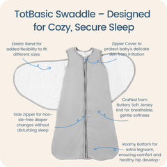 TOTBASIC Storm swaddle secure Velcro shows adjustable fit for growing babies.