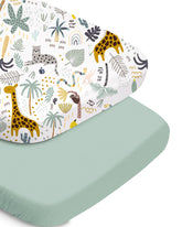 TotChill bassinet sheet in green giraff print offers cozy, breathable comfort for newborns.