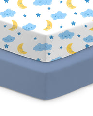 TotChill Cloud+Blue crib sheet packaged for gift-ready setup