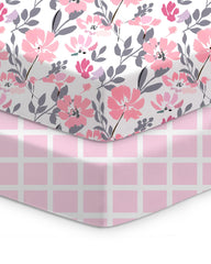 TotChill Flower&Pink checkered crib sheet pack highlights cozy, breathable fabric for baby comfort.