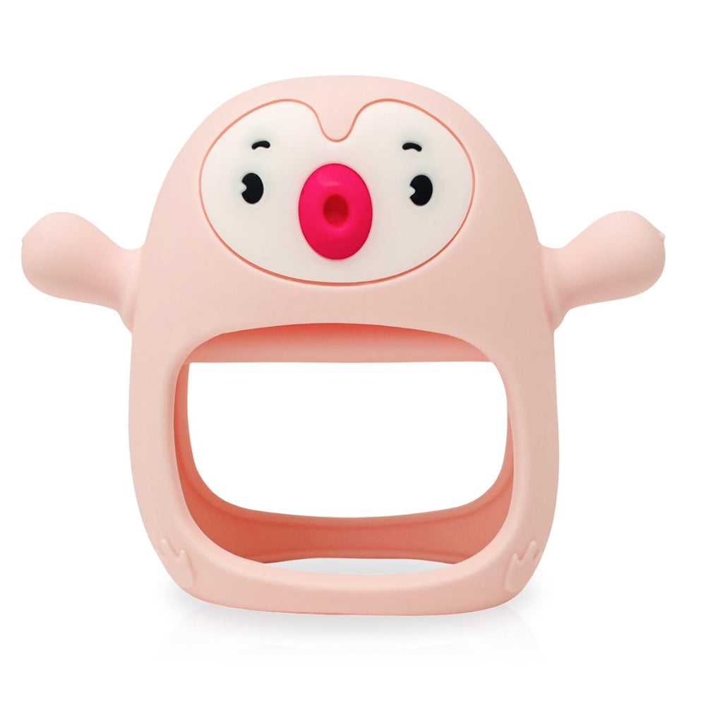TOTCO never-drop teething toy pink penguin buddy on baby's wrist eases teething discomfort