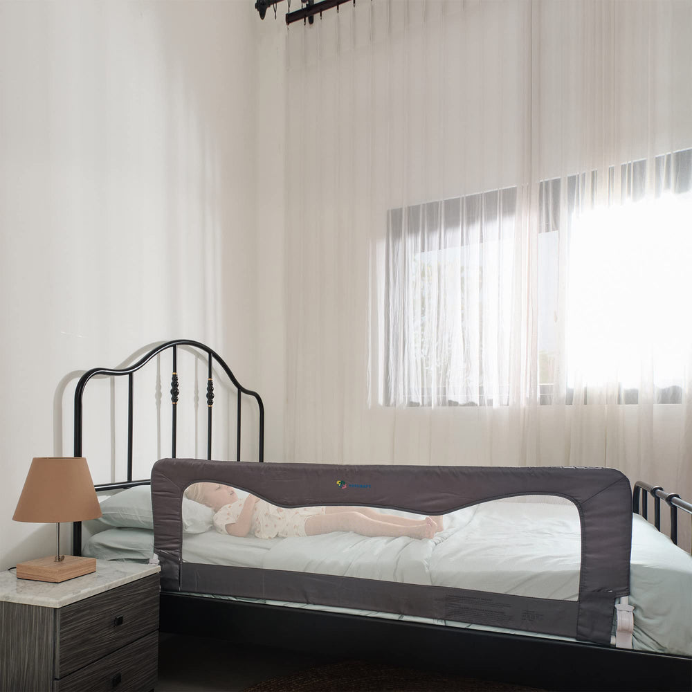 TotCraft bed rail 59w-23-5h guard setup demonstrates easy installation for thicker mattresses