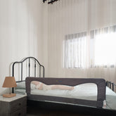 TotCraft bed rail 59w-23-5h guard setup demonstrates easy installation for thicker mattresses