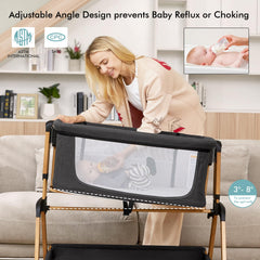 TotRun bassinet bedside sleeper black mattress showing breathable comfort for baby.