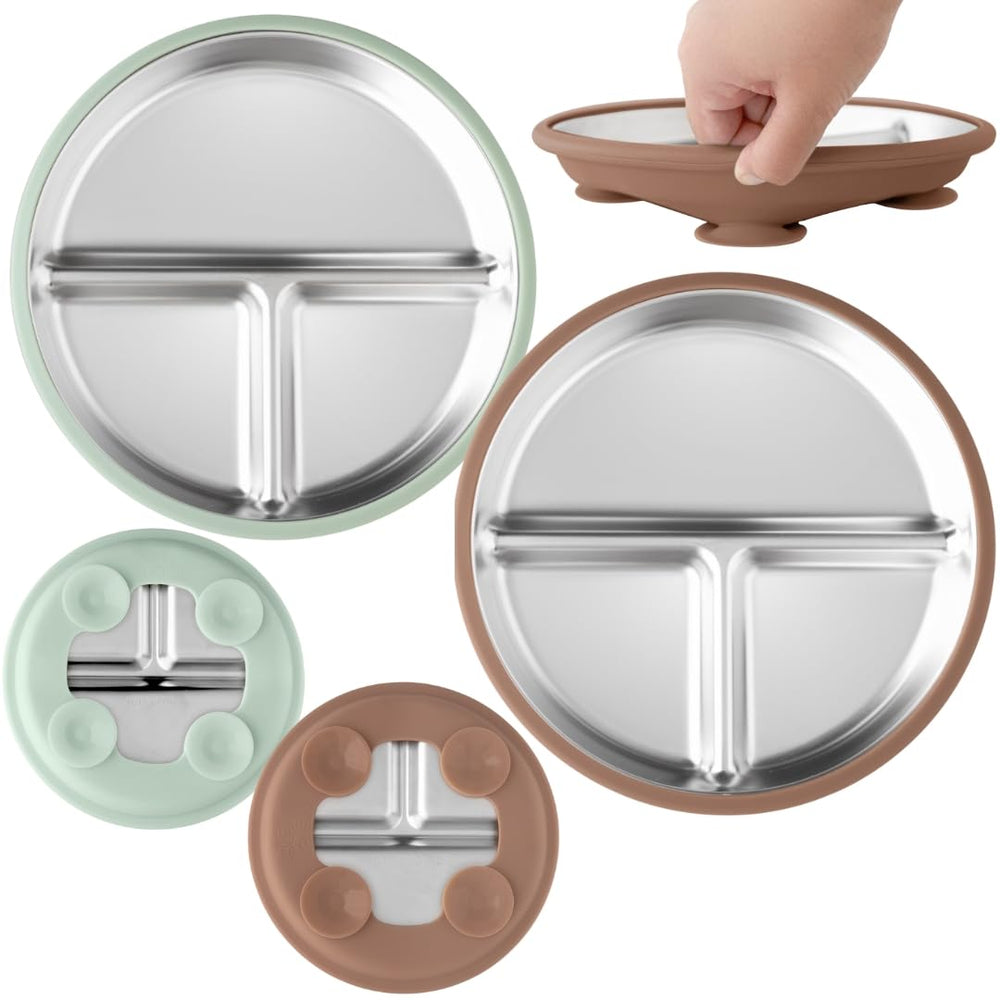 TOTS GROUND TinyBites Duo Mocha Mousse Sage Green assembly shows durable stainless steel and suction for mess-free meals.