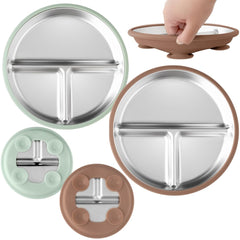 TOTS GROUND TinyBites Duo Mocha Mousse Sage Green assembly shows durable stainless steel and suction for mess-free meals.